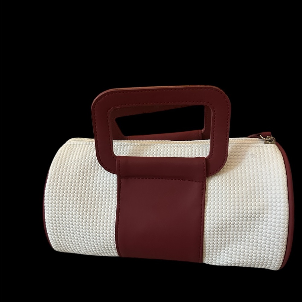 Shiseido Two-Tone Handbag Cream With Burgundy Versatile‎ Travel or Cosmetic Bag - Picture 9 of 12